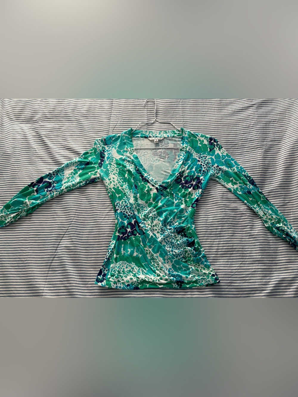 CAbi Teal & Navy Patterned Wrap-Style Long Sleeve Top Size Small